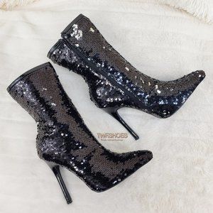Black Sequin Mid Calf High Heel Ankle Boots